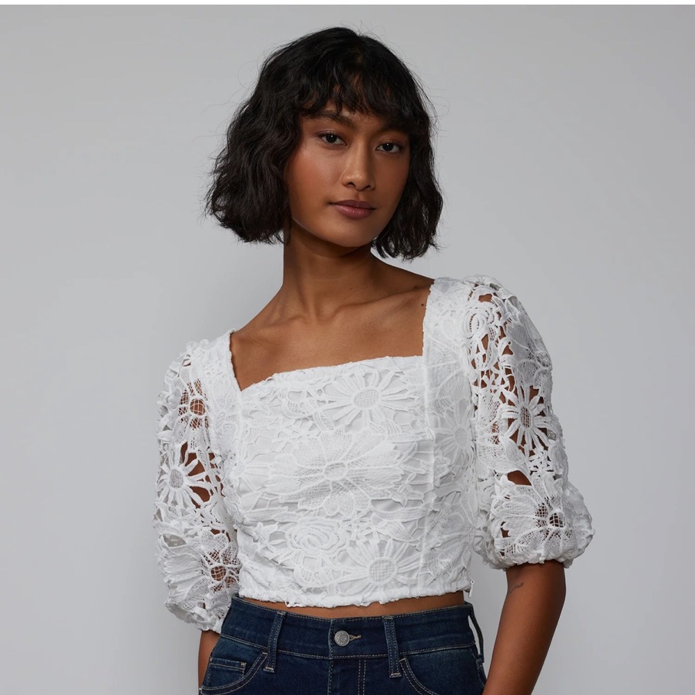 Square Neck Lace Puff Sleeve Top